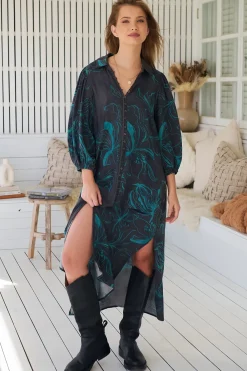 Whitney Midi Dress - Collared Button Down Shirt Dress with Belt in Midnight Lilly Print>Jaase Sale