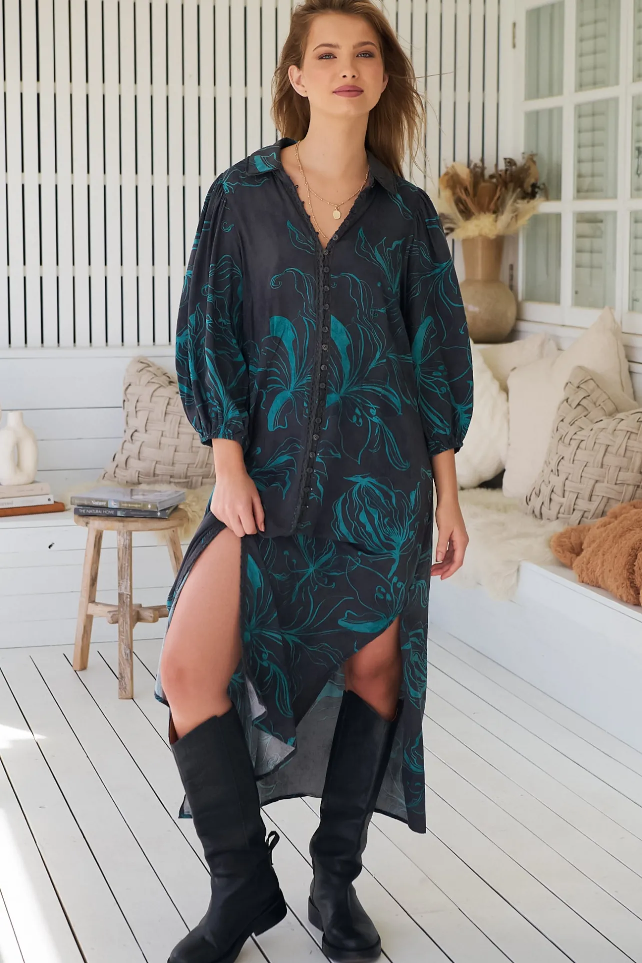 Whitney Midi Dress - Collared Button Down Shirt Dress with Belt in Midnight Lilly Print>Jaase Sale