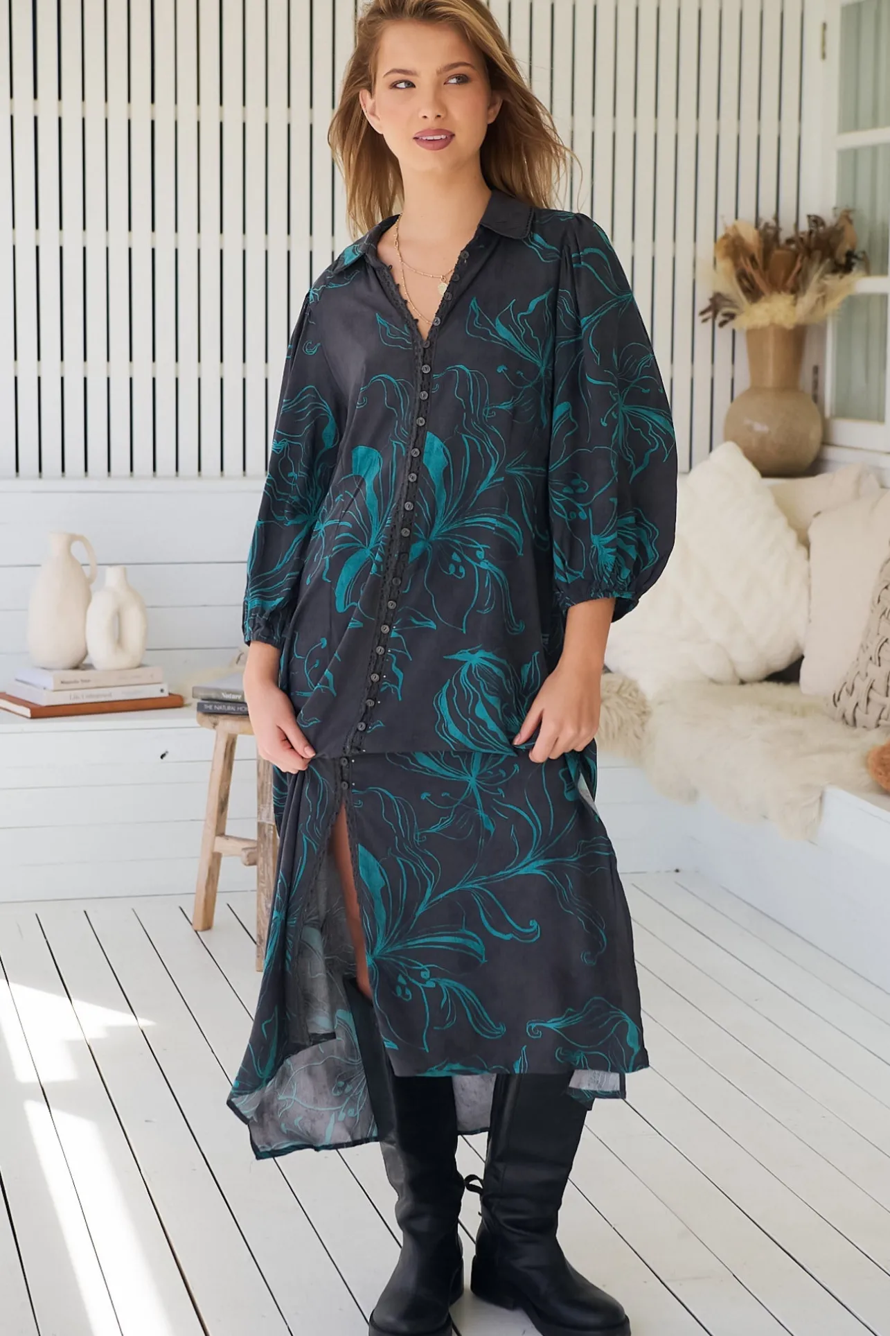 Whitney Midi Dress - Collared Button Down Shirt Dress with Belt in Midnight Lilly Print>Jaase Sale