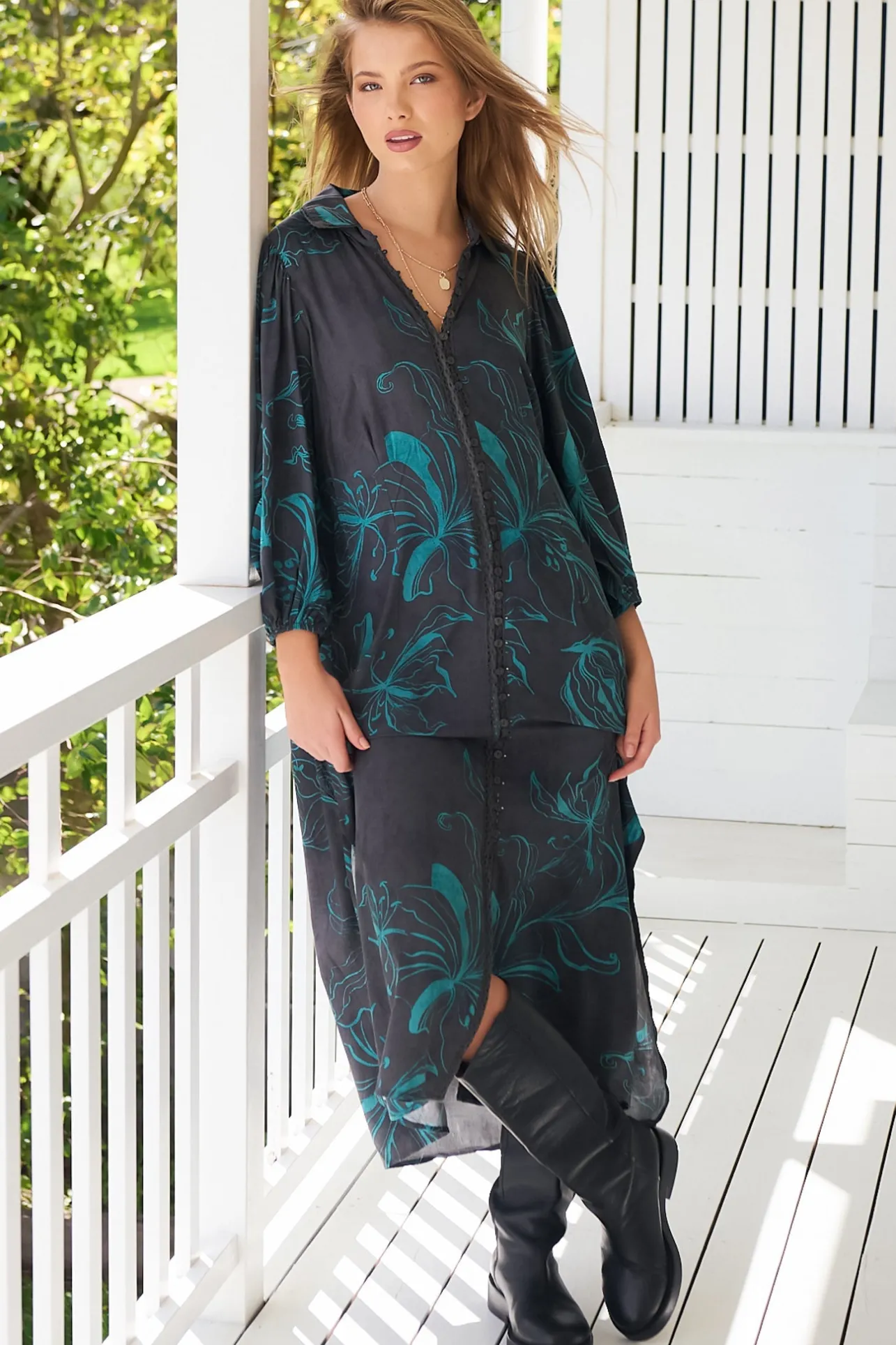 Whitney Midi Dress - Collared Button Down Shirt Dress with Belt in Midnight Lilly Print>Jaase Sale