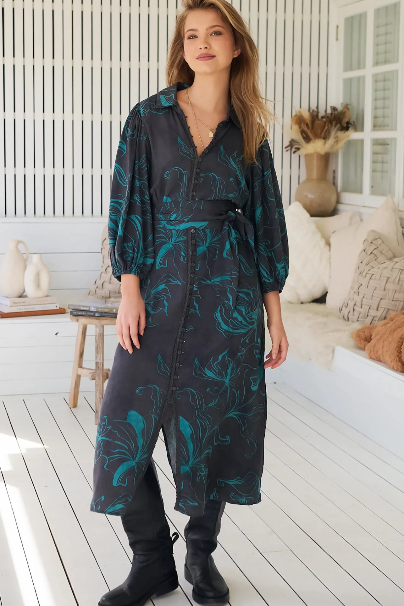 Whitney Midi Dress - Collared Button Down Shirt Dress with Belt in Midnight Lilly Print>Jaase Sale