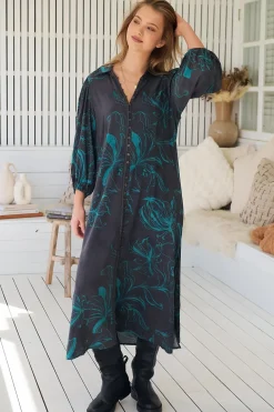 Whitney Midi Dress - Collared Button Down Shirt Dress with Belt in Midnight Lilly Print><noscript><img width=