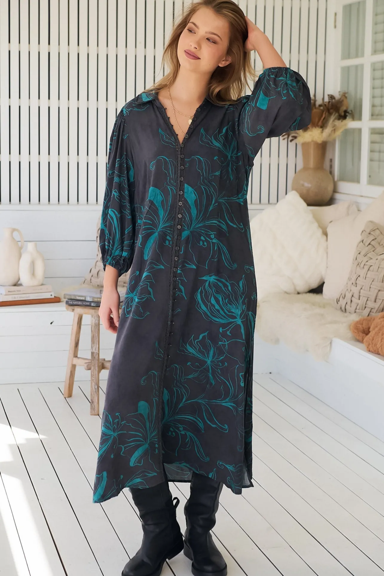 Whitney Midi Dress - Collared Button Down Shirt Dress with Belt in Midnight Lilly Print>Jaase Sale
