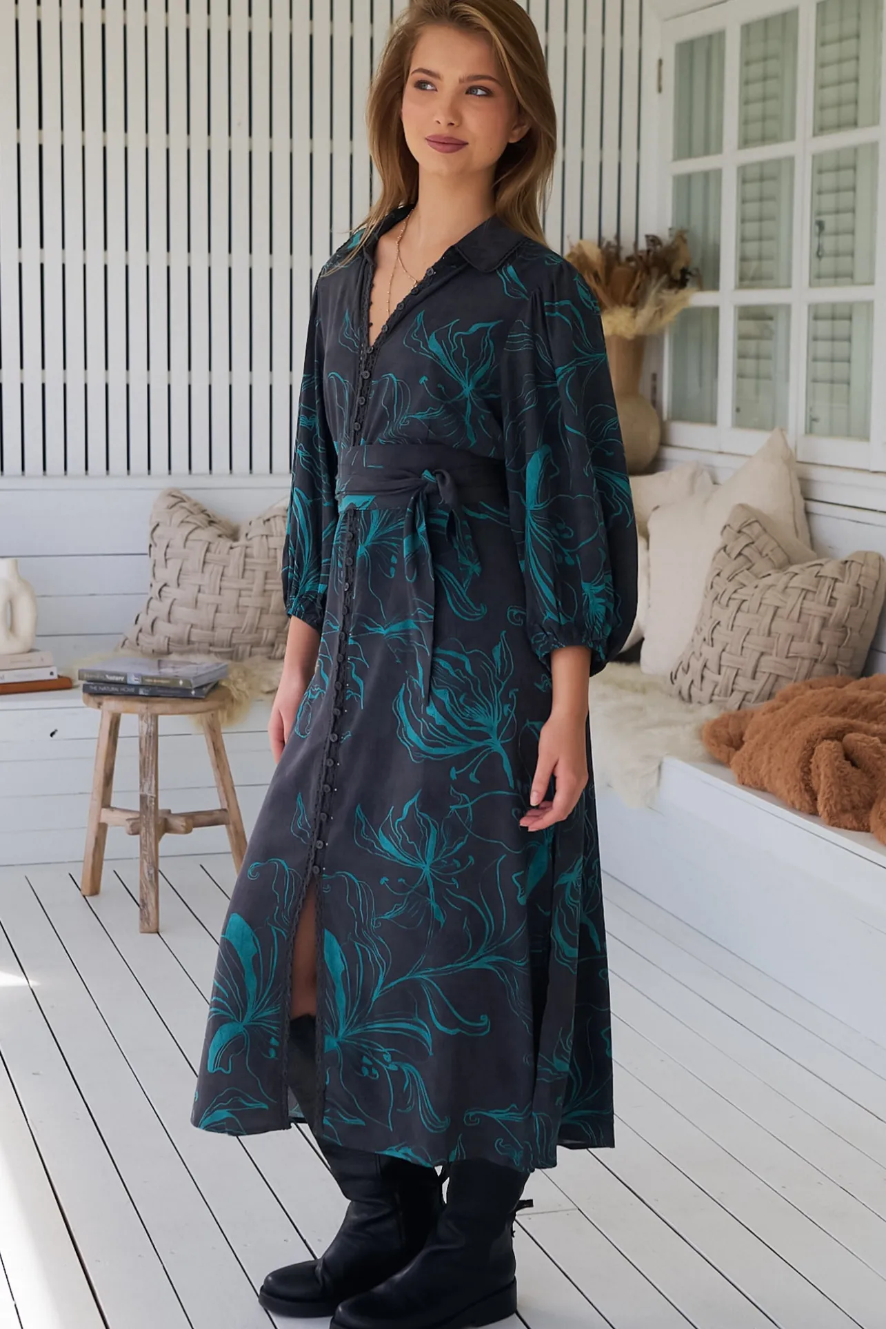 Whitney Midi Dress - Collared Button Down Shirt Dress with Belt in Midnight Lilly Print>Jaase Sale