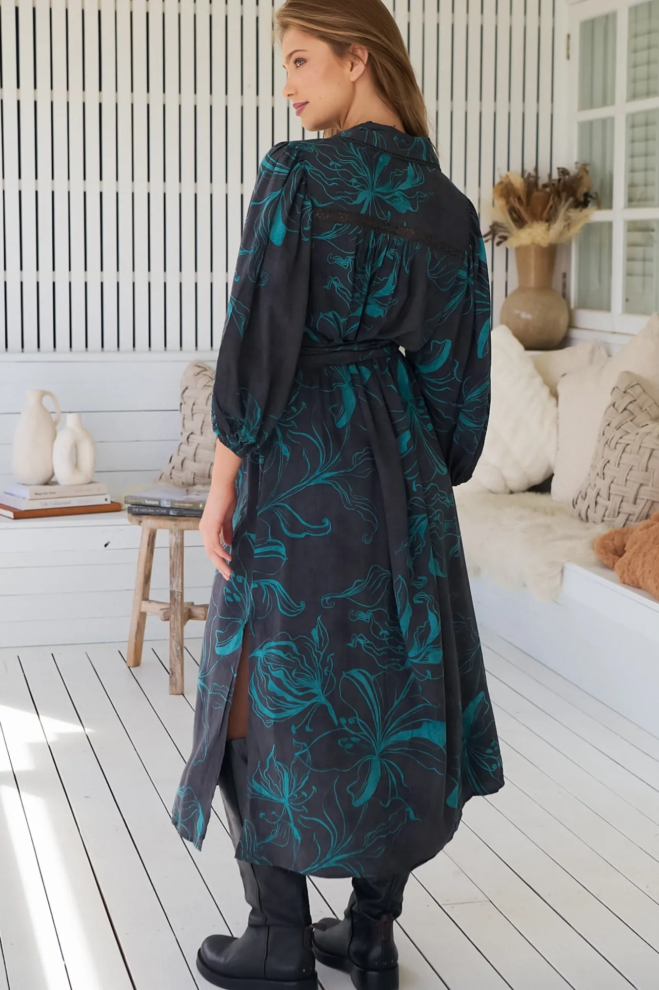 Whitney Midi Dress - Collared Button Down Shirt Dress with Belt in Midnight Lilly Print>Jaase Sale