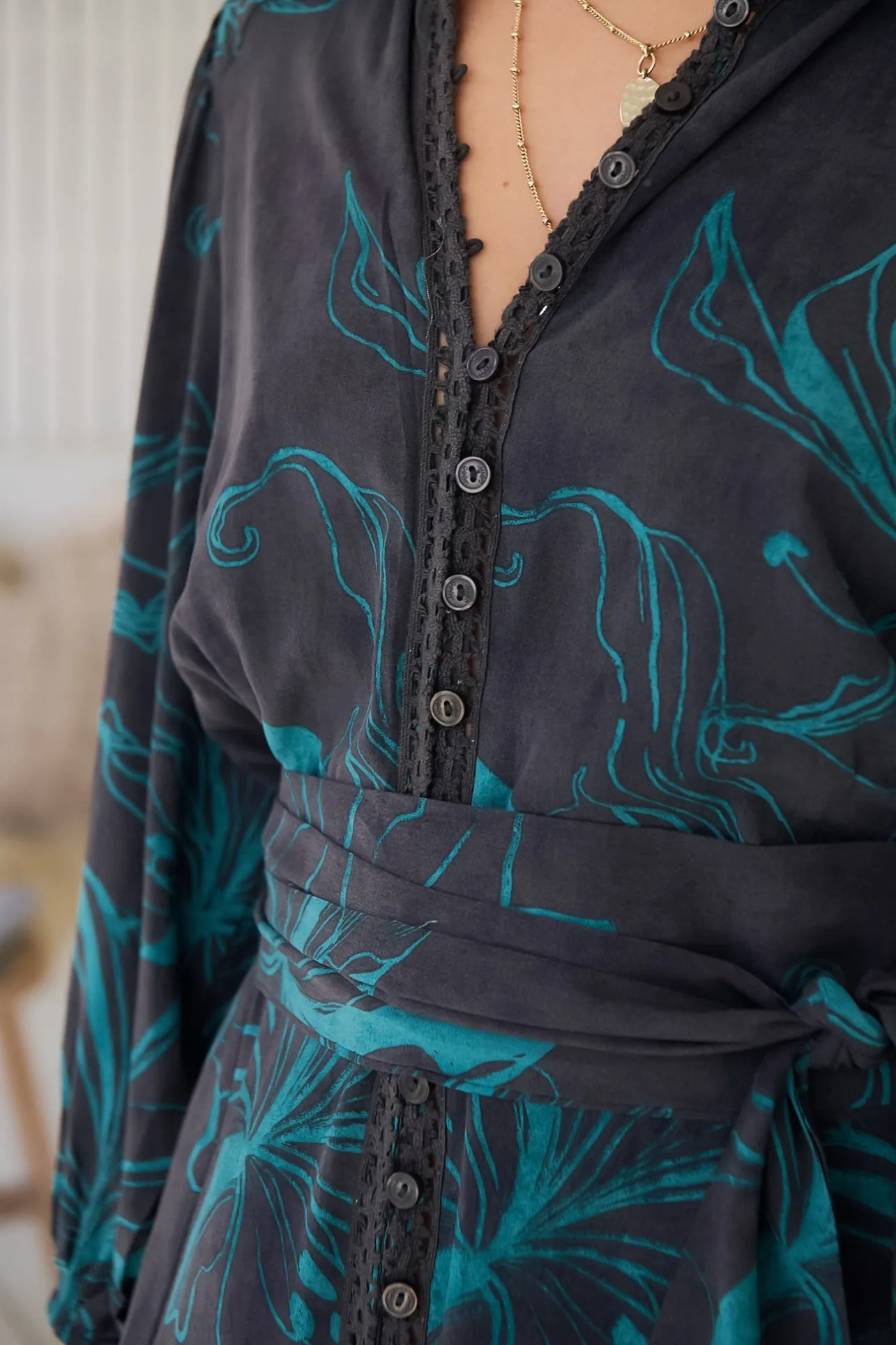 Whitney Midi Dress - Collared Button Down Shirt Dress with Belt in Midnight Lilly Print>Jaase Sale