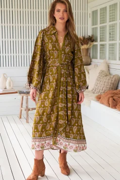 Whitney Midi Dress - Collared Button Down Shirt Dress with Belt in Amalie Print>Jaase Sale