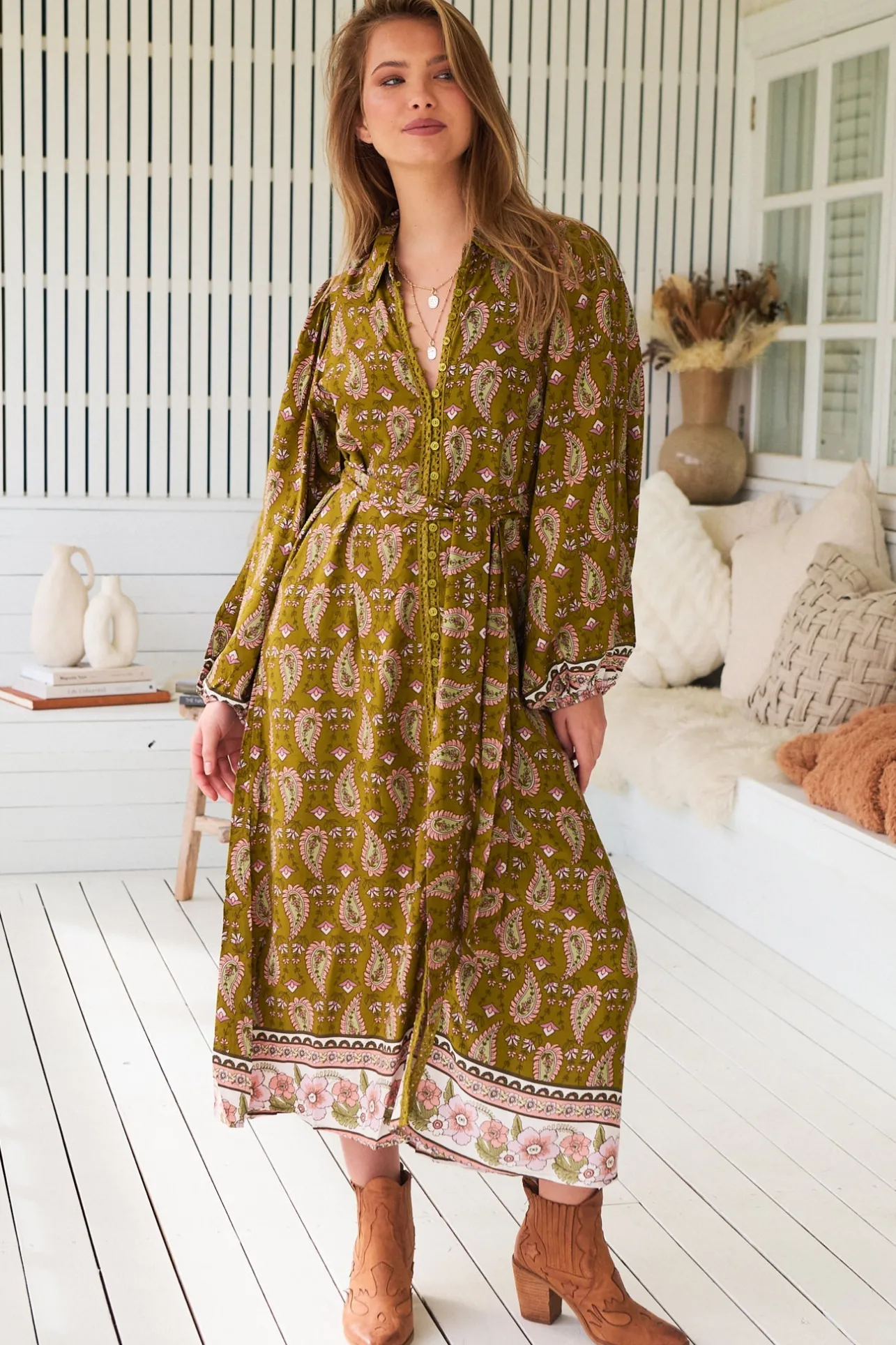 Whitney Midi Dress - Collared Button Down Shirt Dress with Belt in Amalie Print>Jaase Sale