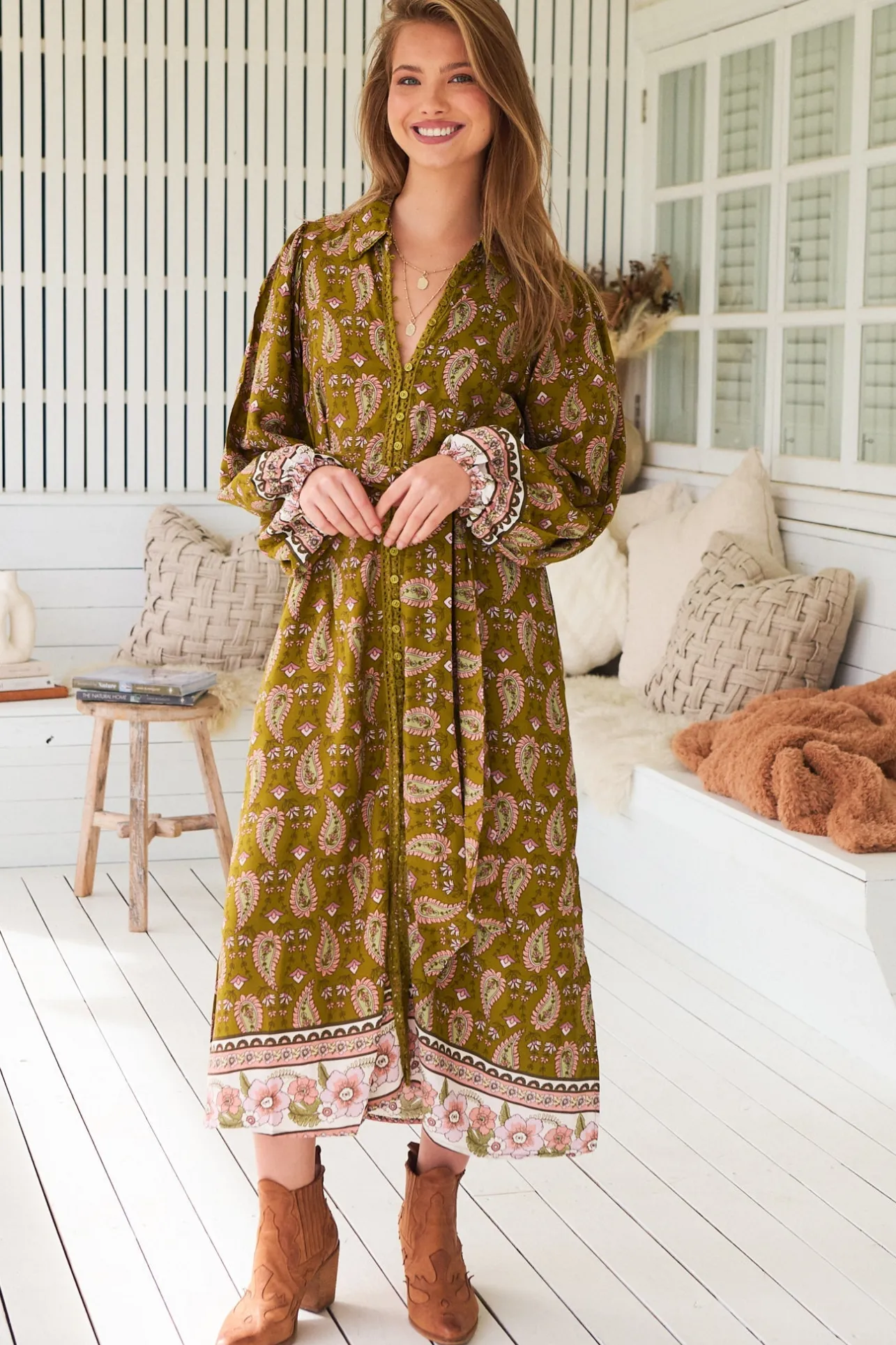 Whitney Midi Dress - Collared Button Down Shirt Dress with Belt in Amalie Print>Jaase Sale