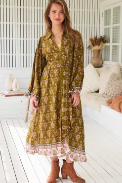 Whitney Midi Dress - Collared Button Down Shirt Dress with Belt in Amalie Print><noscript><img width=