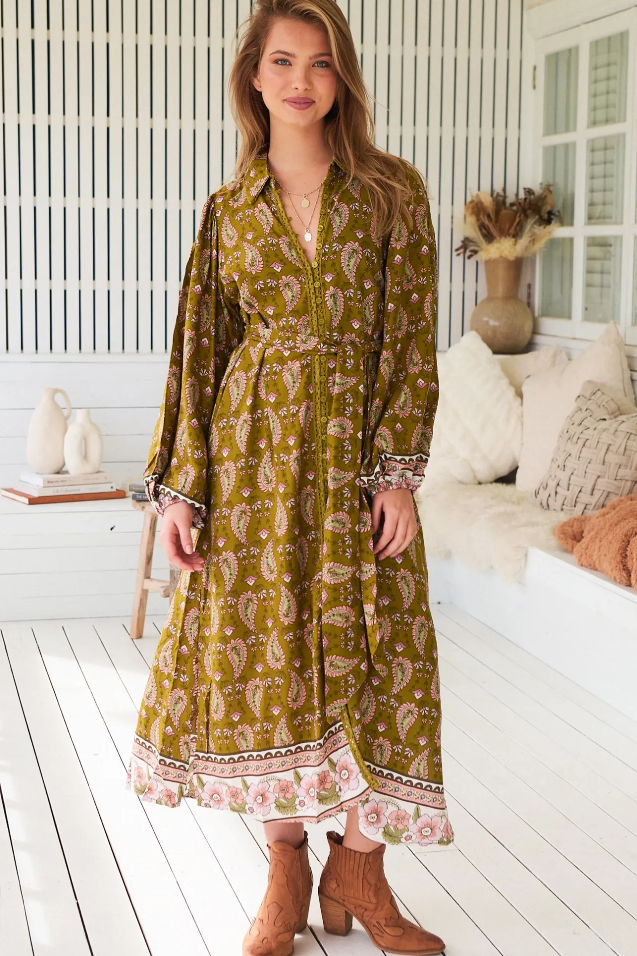 Whitney Midi Dress - Collared Button Down Shirt Dress with Belt in Amalie Print>Jaase Sale