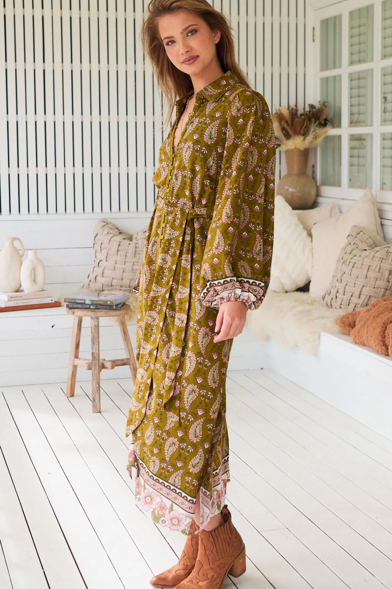 Whitney Midi Dress - Collared Button Down Shirt Dress with Belt in Amalie Print>Jaase Sale