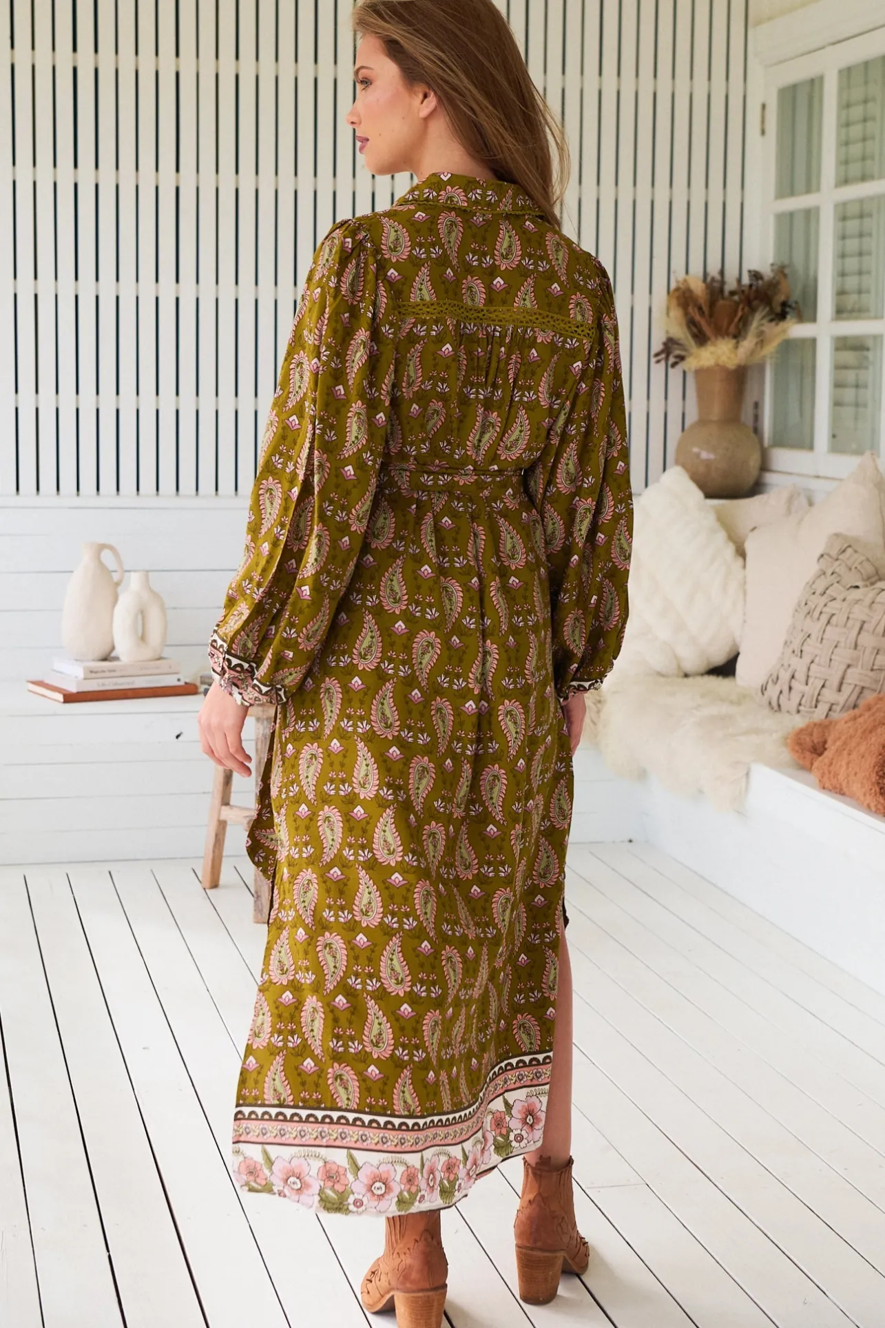 Whitney Midi Dress - Collared Button Down Shirt Dress with Belt in Amalie Print>Jaase Sale