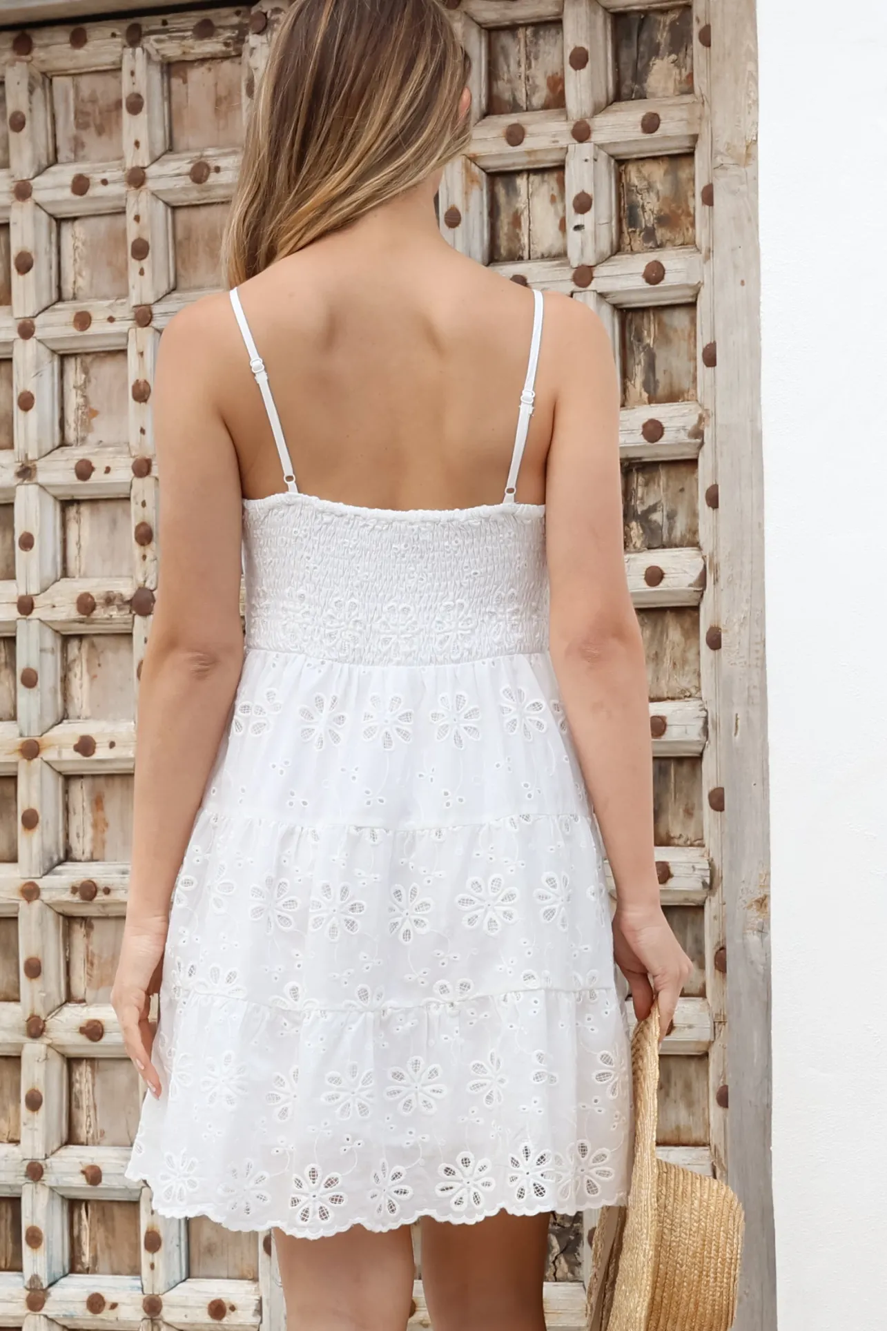 Wilda Mini Dress - Floral Embroidered Tiered Sun Dress in White>Salty Crush Clearance