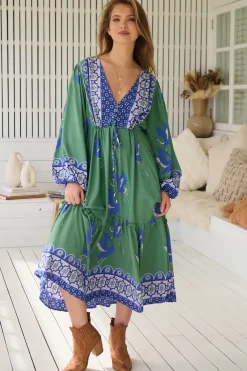 Willa Midi Dress - V-Neck Pull Tie Waist Long Sleeve Dress in Bluebird Print>Jaase New