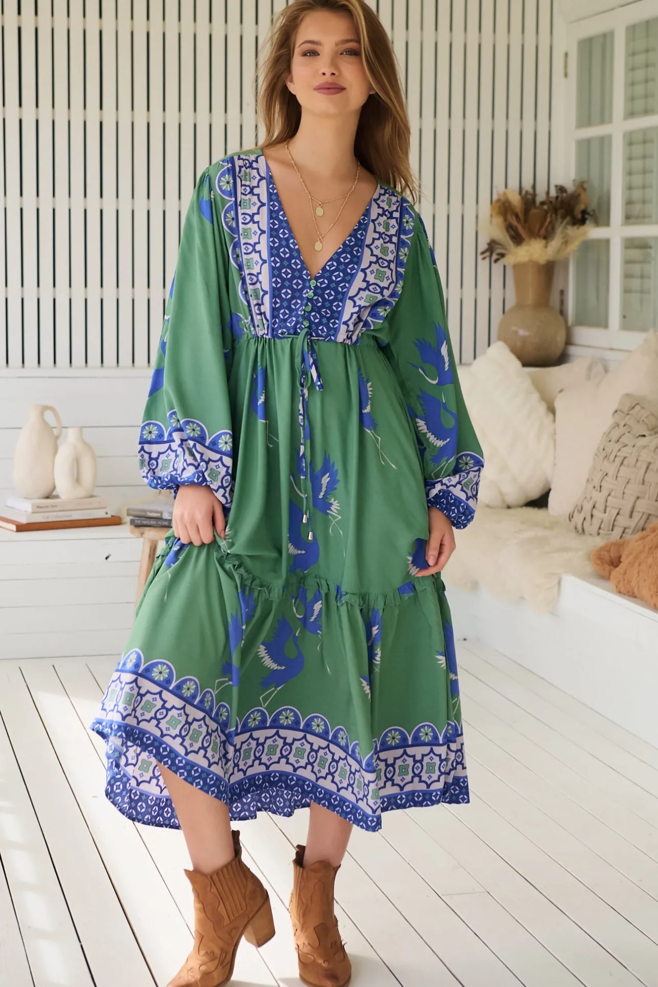 Willa Midi Dress - V-Neck Pull Tie Waist Long Sleeve Dress in Bluebird Print>Jaase New