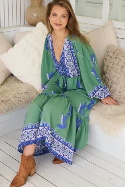 Willa Midi Dress - V-Neck Pull Tie Waist Long Sleeve Dress in Bluebird Print>Jaase New