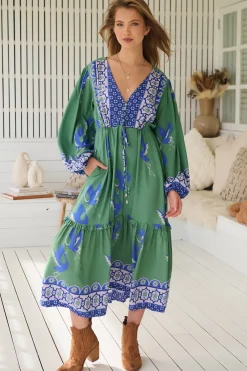 Willa Midi Dress - V-Neck Pull Tie Waist Long Sleeve Dress in Bluebird Print><noscript><img width=
