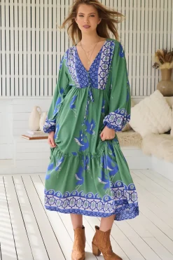 Willa Midi Dress - V-Neck Pull Tie Waist Long Sleeve Dress in Bluebird Print><noscript><img width=