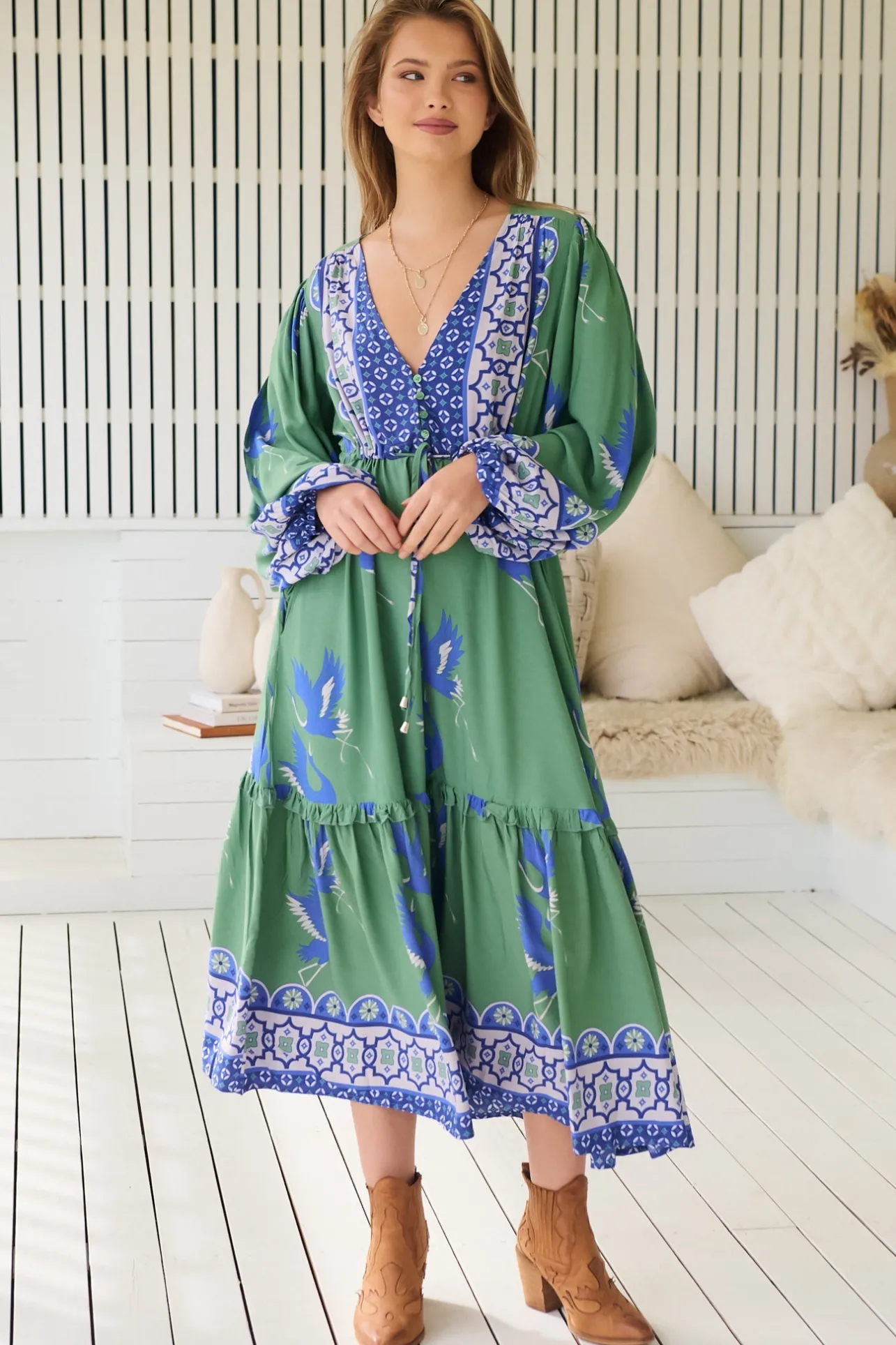 Willa Midi Dress - V-Neck Pull Tie Waist Long Sleeve Dress in Bluebird Print>Jaase New