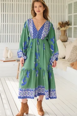 Willa Midi Dress - V-Neck Pull Tie Waist Long Sleeve Dress in Bluebird Print><noscript><img width=