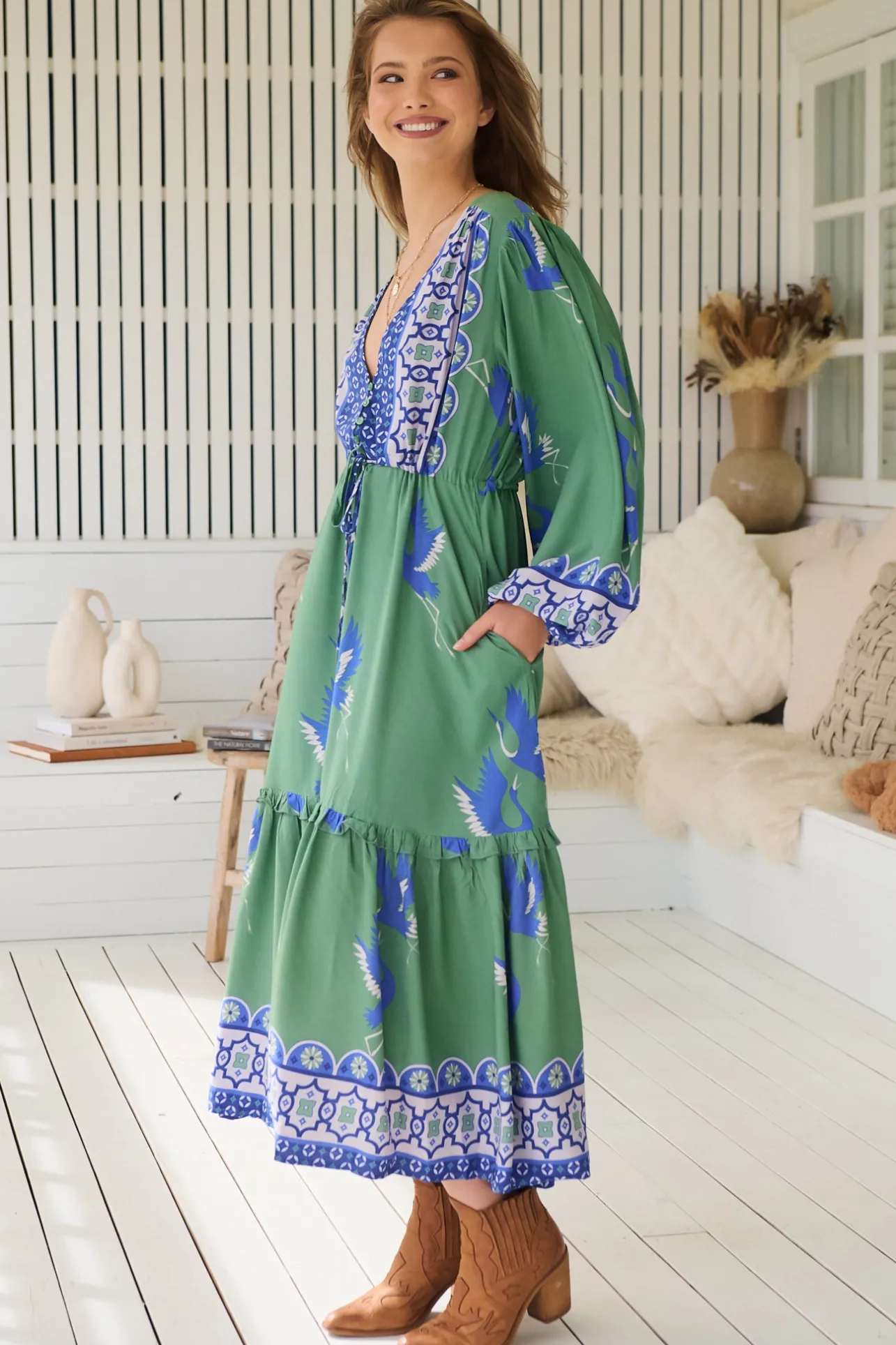 Willa Midi Dress - V-Neck Pull Tie Waist Long Sleeve Dress in Bluebird Print>Jaase New