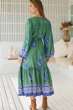 Willa Midi Dress - V-Neck Pull Tie Waist Long Sleeve Dress in Bluebird Print><noscript><img width=