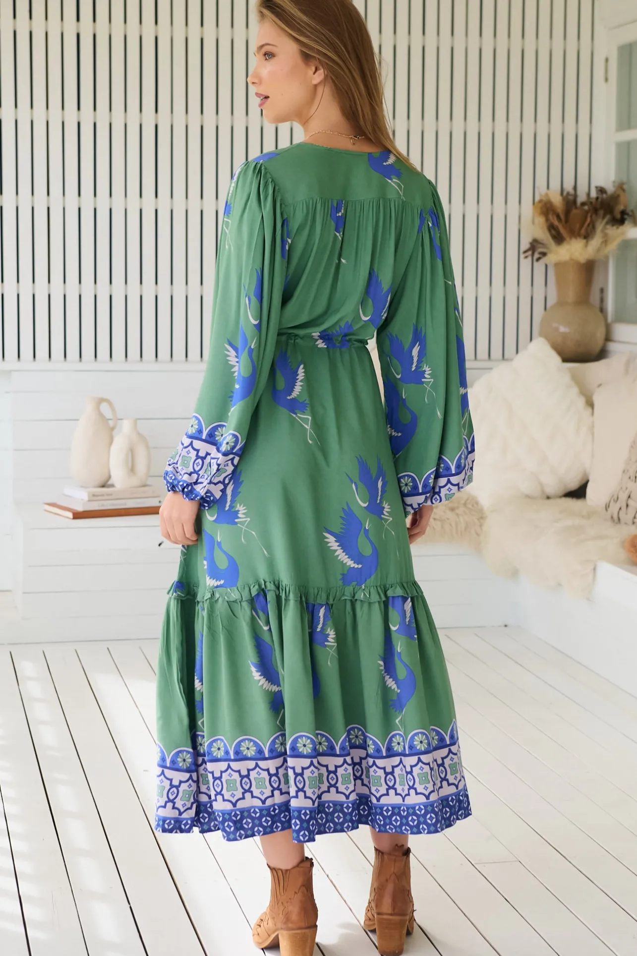 Willa Midi Dress - V-Neck Pull Tie Waist Long Sleeve Dress in Bluebird Print>Jaase New