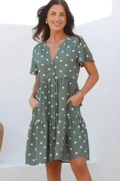 Wilma Mini Dress - Bermuda Collar Button Down Dress with Cap Sleeves in Parisian Polka Khaki><noscript><img width=