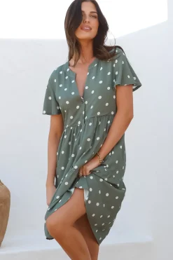 Wilma Mini Dress - Bermuda Collar Button Down Dress with Cap Sleeves in Parisian Polka Khaki><noscript><img width=