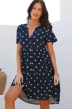 Wilma Mini Dress - Bermuda Collar Button Down Dress with Cap Sleeves in Parisian Polka Navy>Salty Crush Clearance