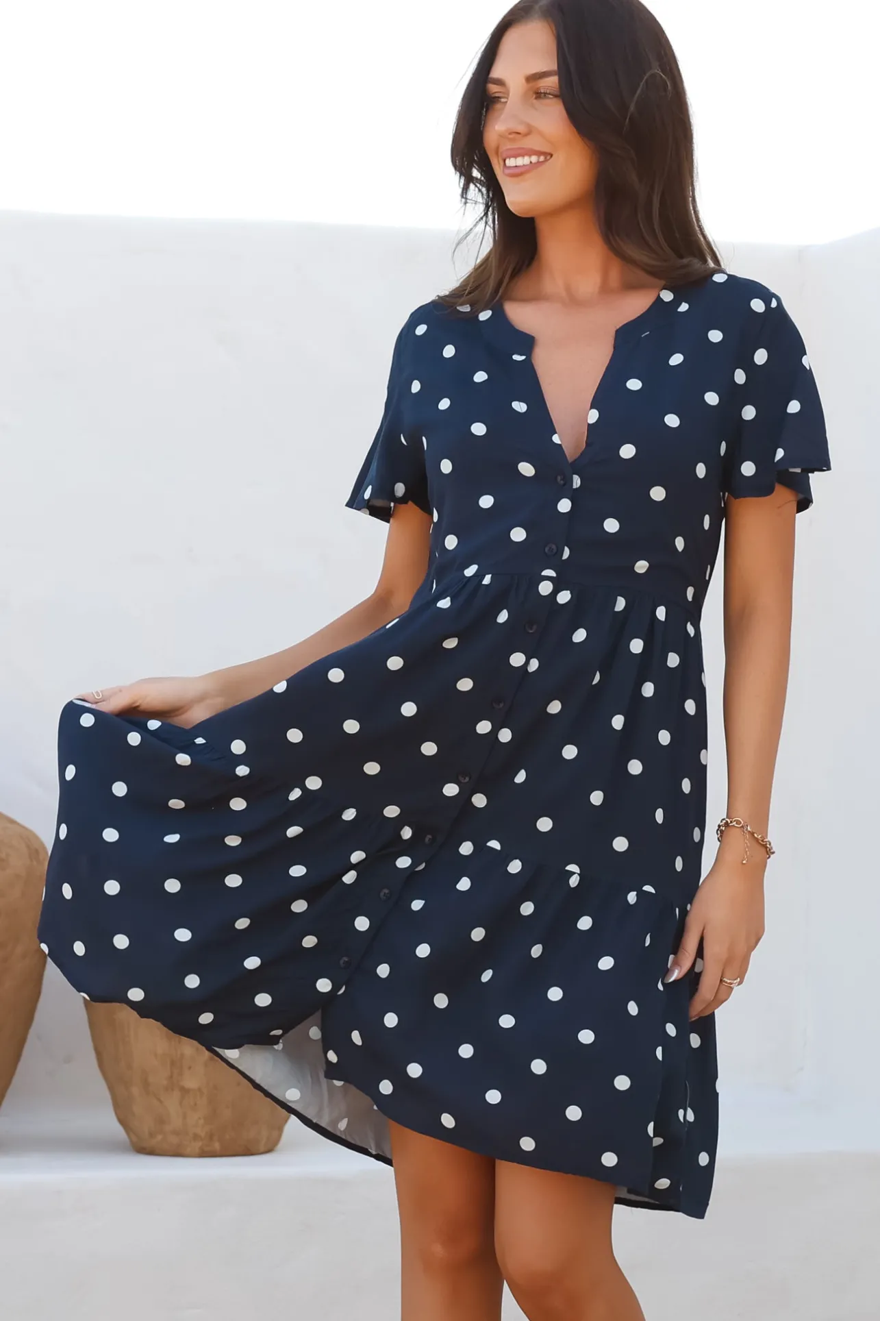 Wilma Mini Dress - Bermuda Collar Button Down Dress with Cap Sleeves in Parisian Polka Navy>Salty Crush Clearance