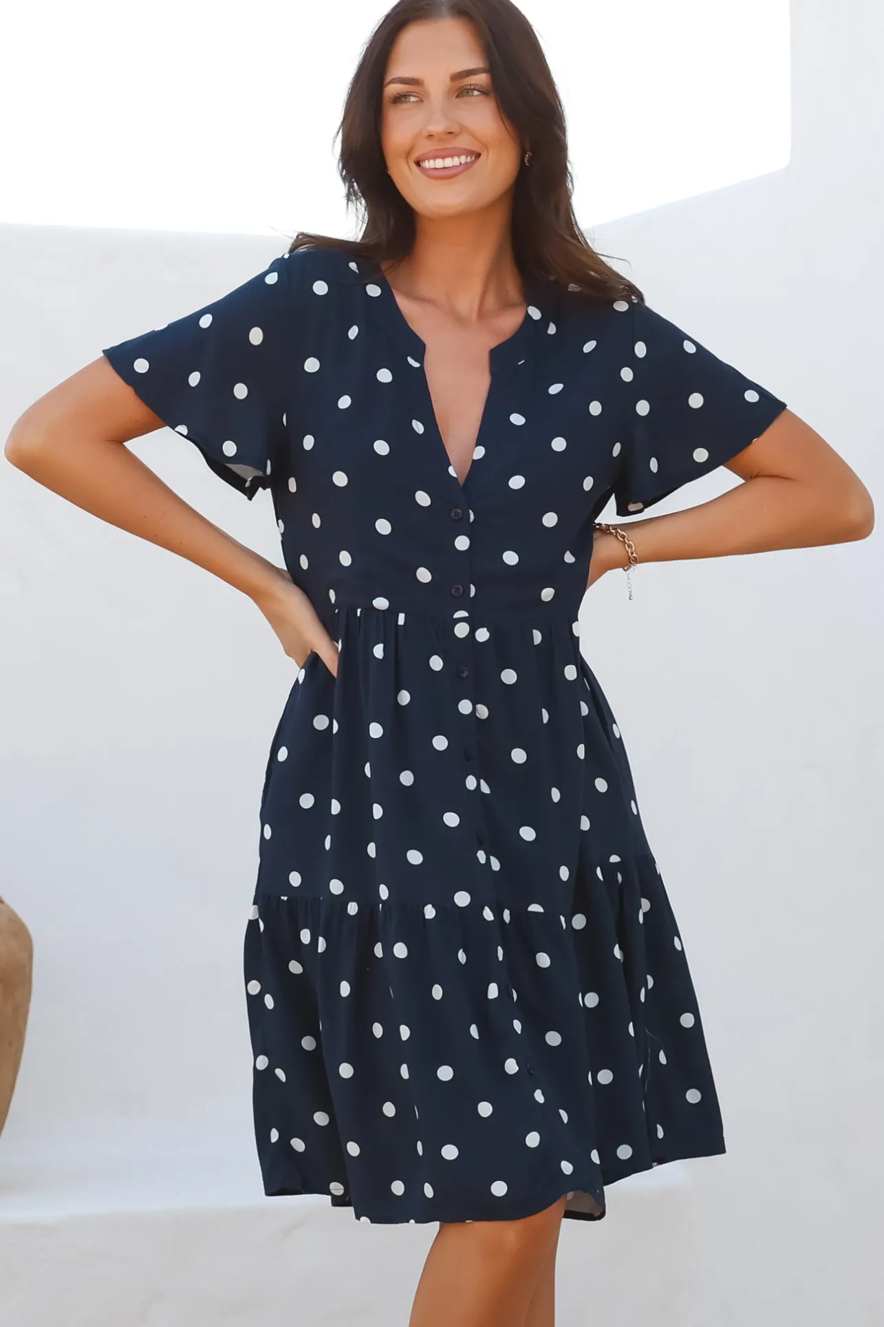 Wilma Mini Dress - Bermuda Collar Button Down Dress with Cap Sleeves in Parisian Polka Navy>Salty Crush Clearance