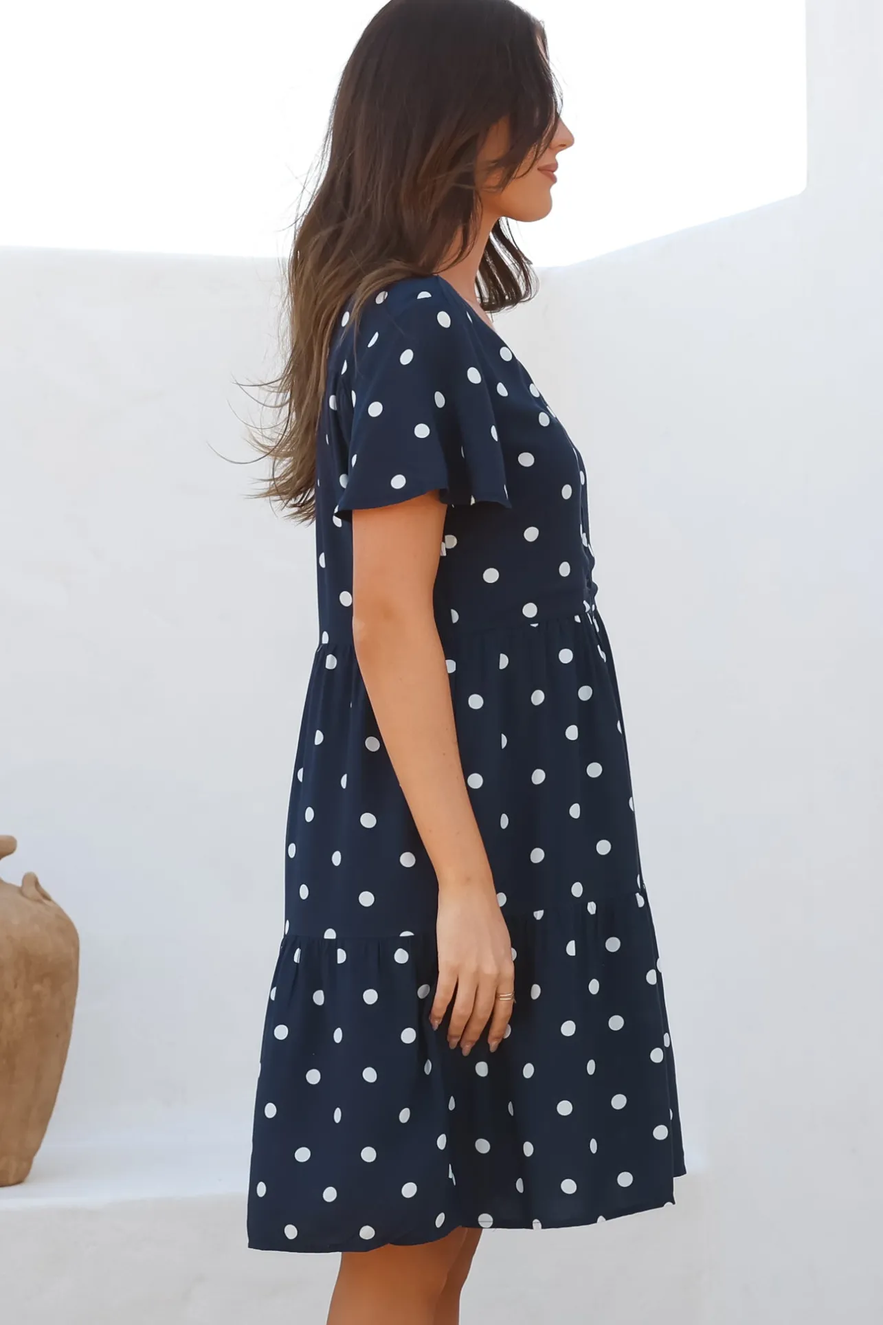 Wilma Mini Dress - Bermuda Collar Button Down Dress with Cap Sleeves in Parisian Polka Navy>Salty Crush Clearance