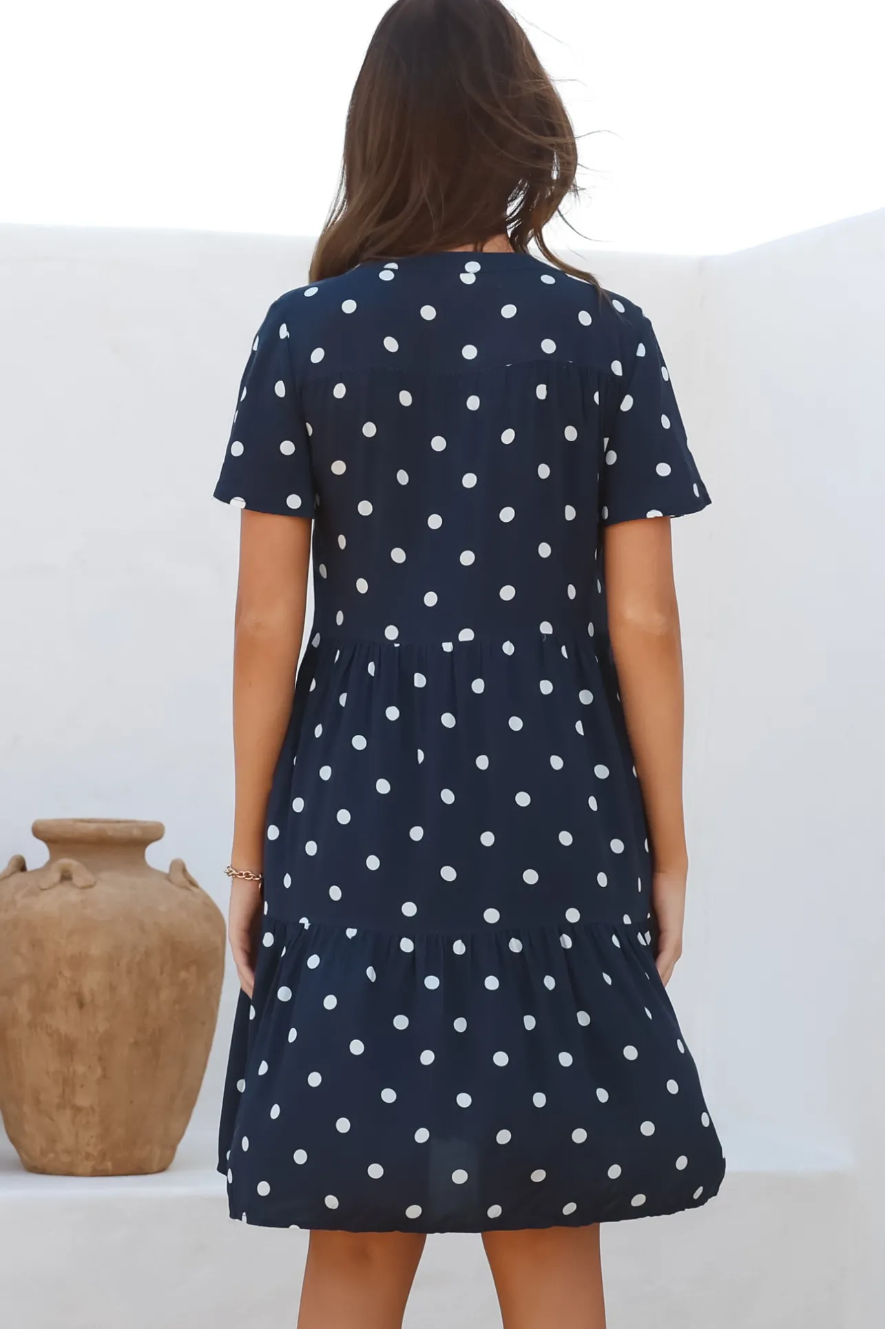 Wilma Mini Dress - Bermuda Collar Button Down Dress with Cap Sleeves in Parisian Polka Navy>Salty Crush Clearance