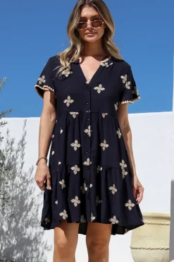 Wilma Mini Dress - Bermuda Collar Button Down Dress with Cap Sleeves in Gigi Print Navy>Salty Crush Clearance