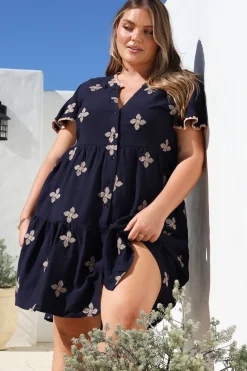 Wilma Mini Dress - Bermuda Collar Button Down Dress with Cap Sleeves in Gigi Print Navy>Salty Crush Clearance