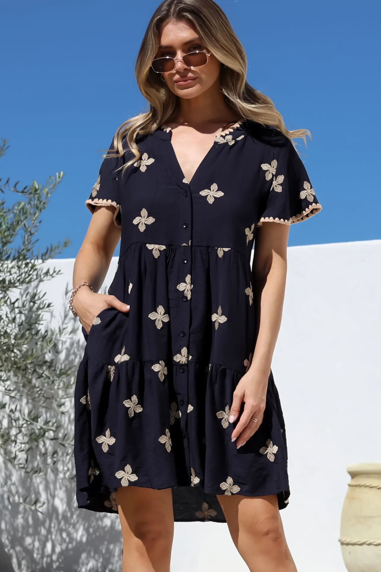 Wilma Mini Dress - Bermuda Collar Button Down Dress with Cap Sleeves in Gigi Print Navy>Salty Crush Clearance