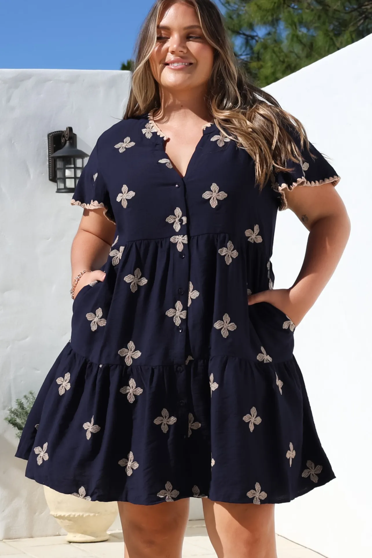 Wilma Mini Dress - Bermuda Collar Button Down Dress with Cap Sleeves in Gigi Print Navy>Salty Crush Clearance