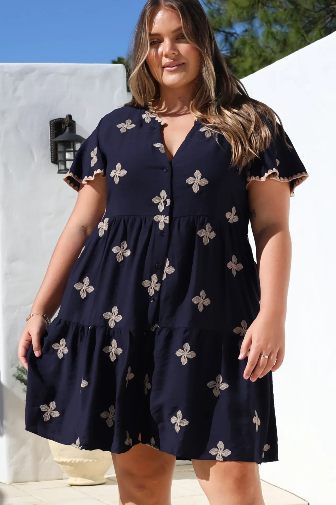 Wilma Mini Dress - Bermuda Collar Button Down Dress with Cap Sleeves in Gigi Print Navy>Salty Crush Clearance