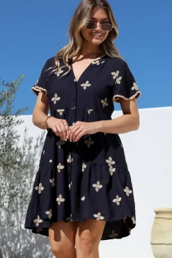 Wilma Mini Dress - Bermuda Collar Button Down Dress with Cap Sleeves in Gigi Print Navy><noscript><img width=