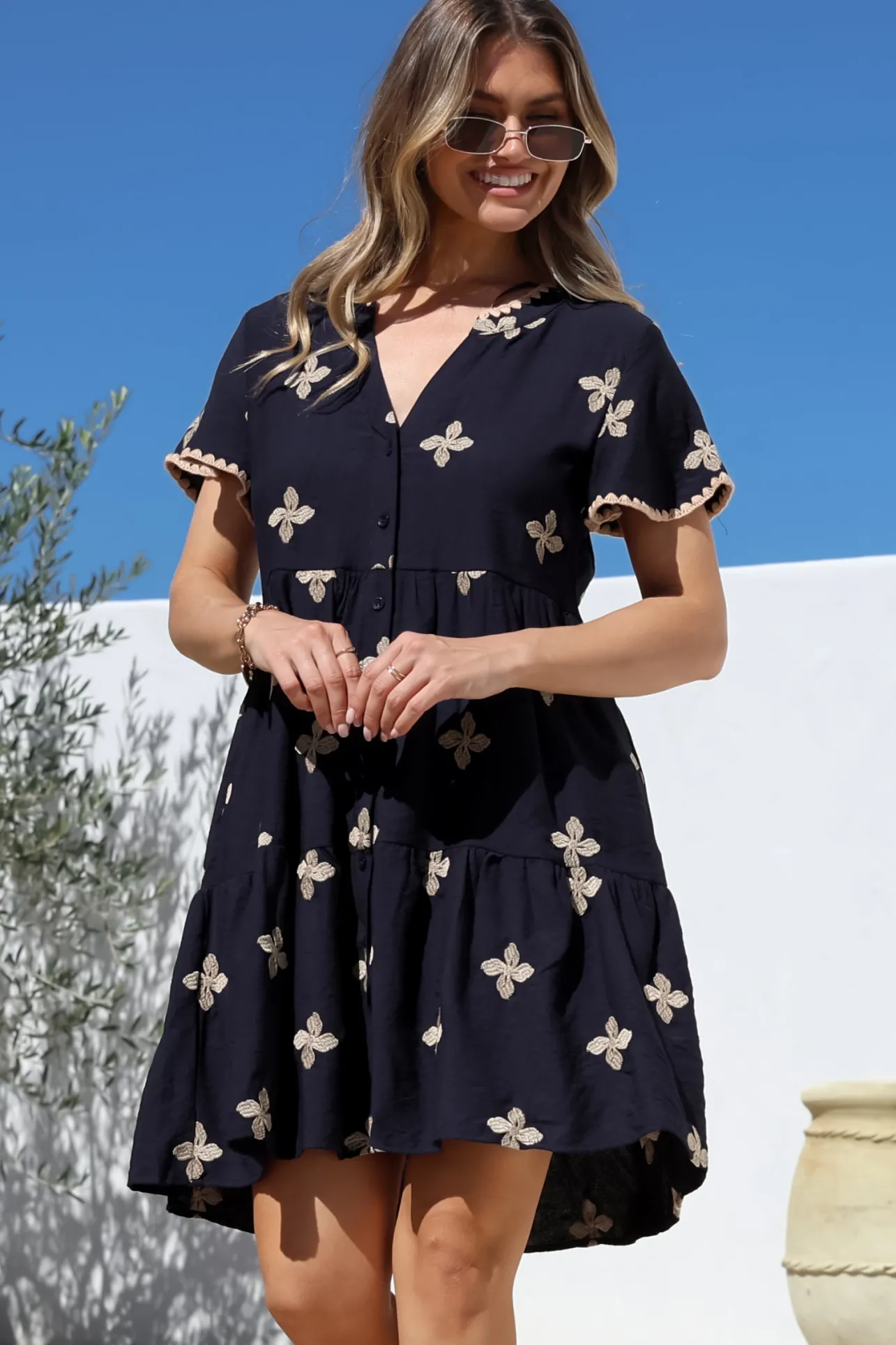 Wilma Mini Dress - Bermuda Collar Button Down Dress with Cap Sleeves in Gigi Print Navy>Salty Crush Clearance