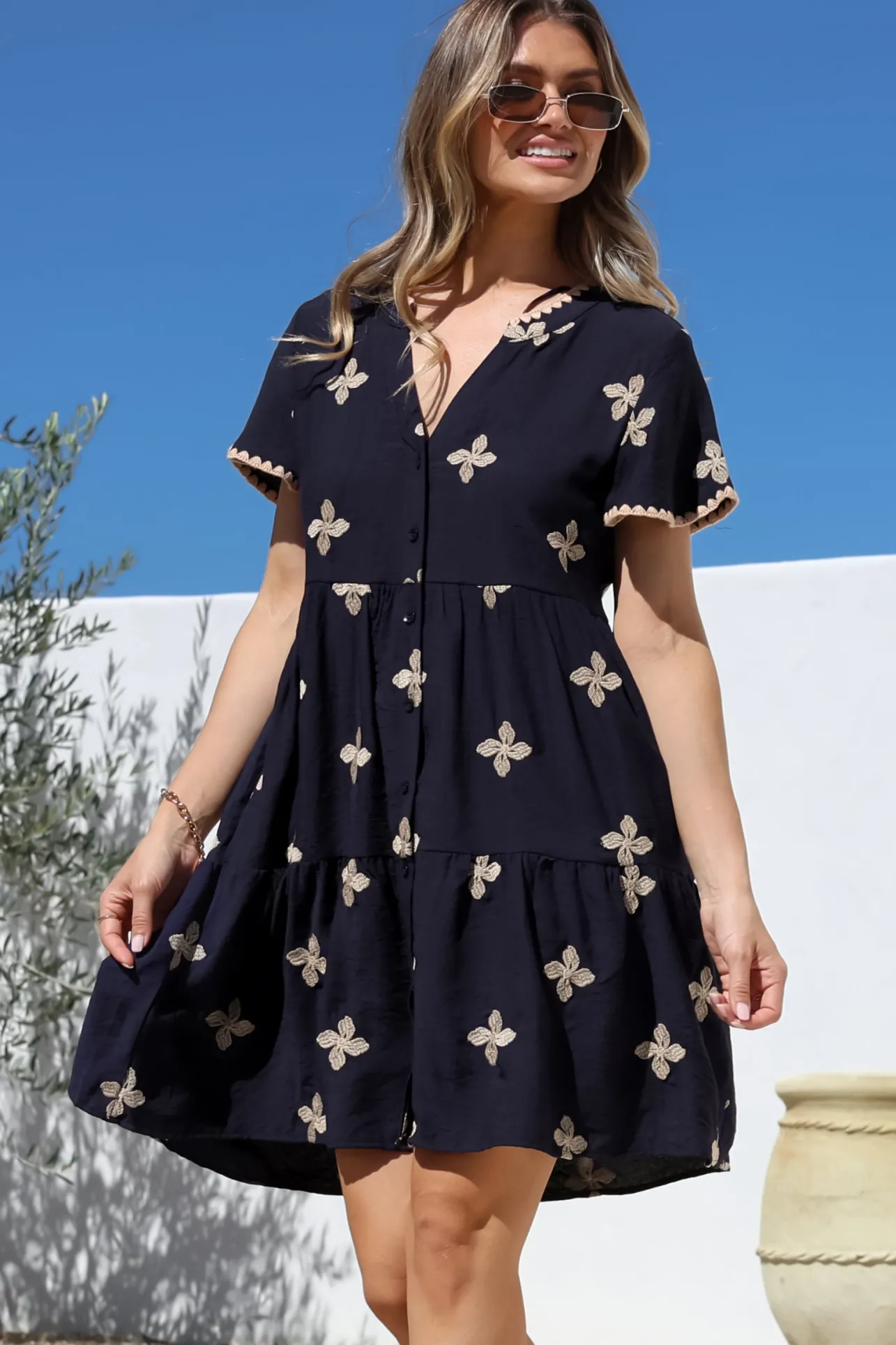 Wilma Mini Dress - Bermuda Collar Button Down Dress with Cap Sleeves in Gigi Print Navy>Salty Crush Clearance