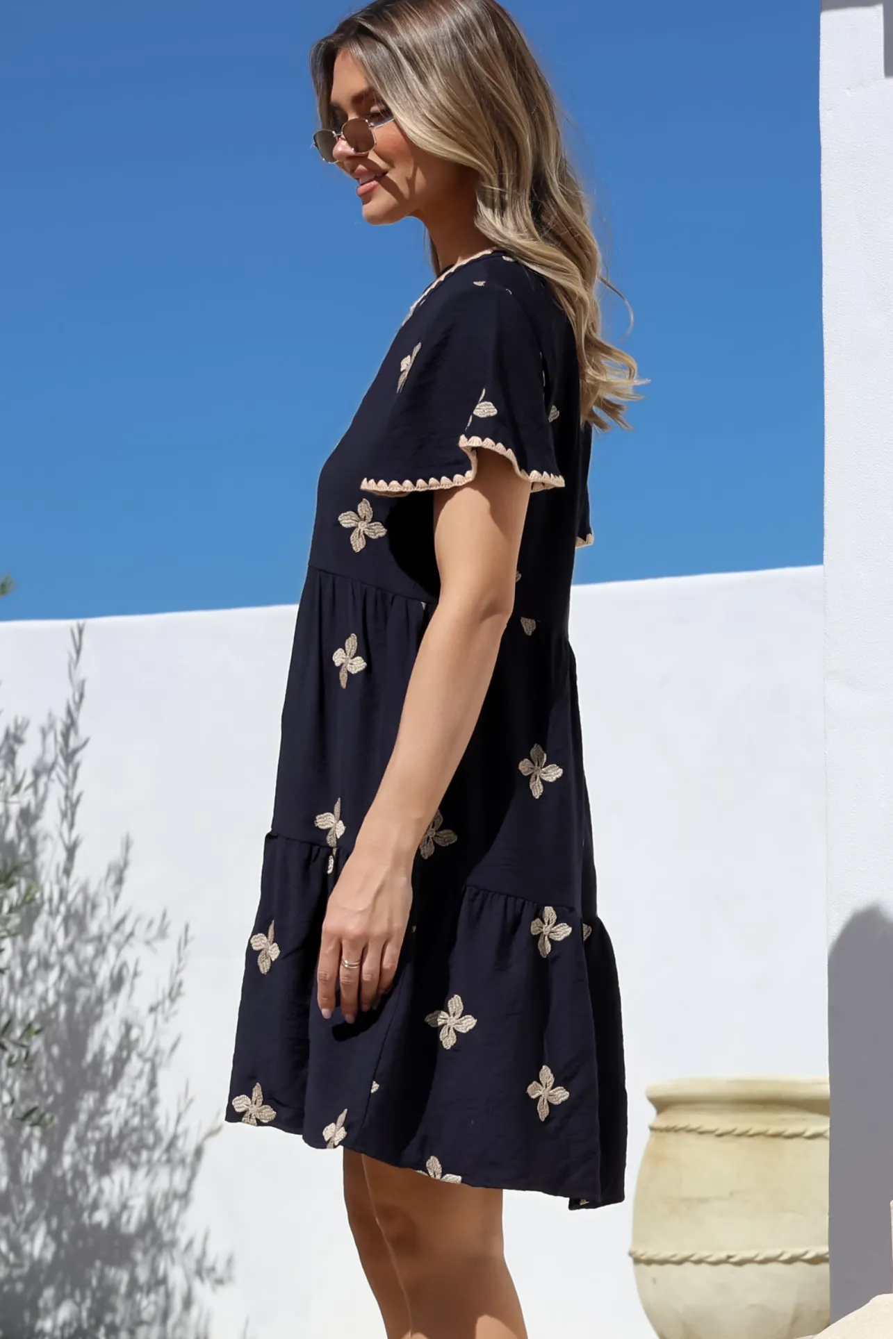 Wilma Mini Dress - Bermuda Collar Button Down Dress with Cap Sleeves in Gigi Print Navy>Salty Crush Clearance