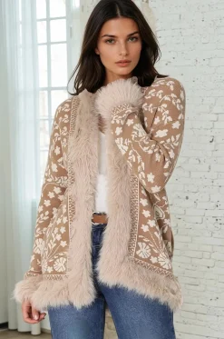 Wolfe Jacket - Faux Fur Trim Open Knit Jacket in Camel>Salty Crush Clearance