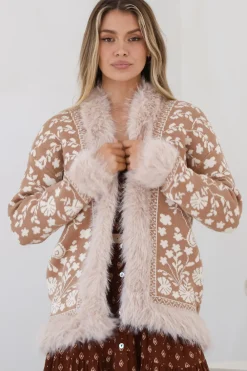 Wolfe Jacket - Faux Fur Trim Open Knit Jacket in Camel><noscript><img width=