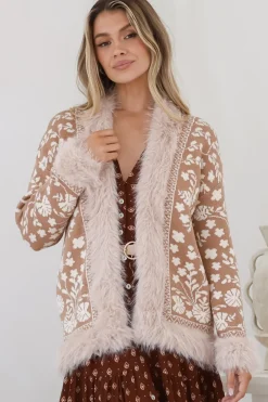 Wolfe Jacket - Faux Fur Trim Open Knit Jacket in Camel><noscript><img width=