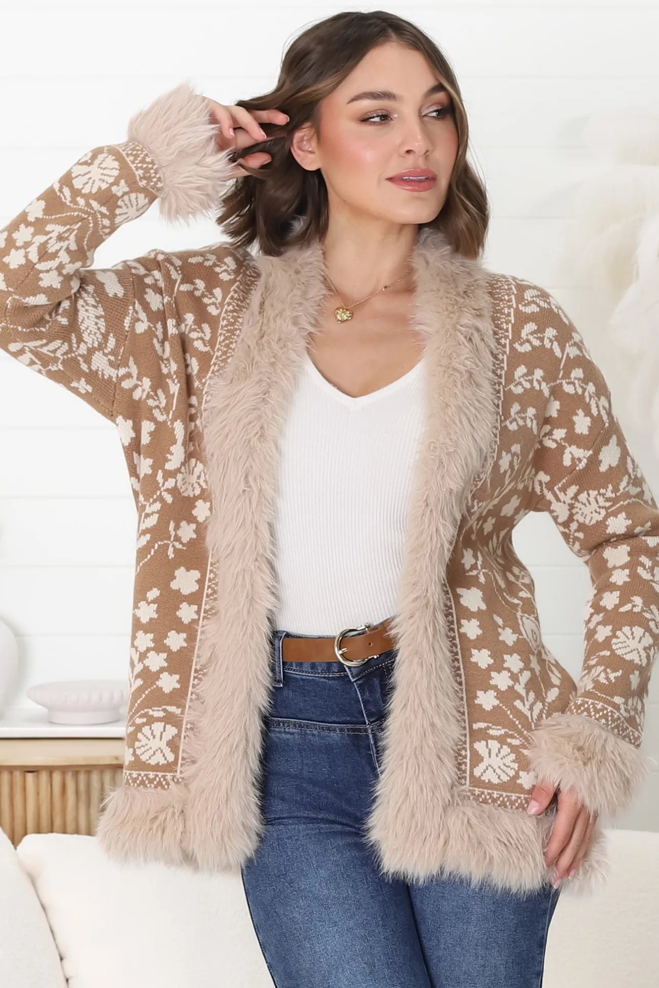 Wolfe Jacket - Faux Fur Trim Open Knit Jacket in Camel>Salty Crush Clearance