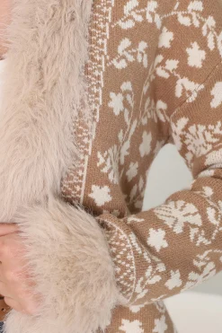 Wolfe Jacket - Faux Fur Trim Open Knit Jacket in Camel><noscript><img width=