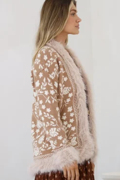 Wolfe Jacket - Faux Fur Trim Open Knit Jacket in Camel><noscript><img width=